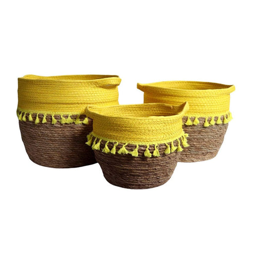 elevenpast Daisy Baskets Set Of 3 Natural with Yellow Tassels YT202216AA