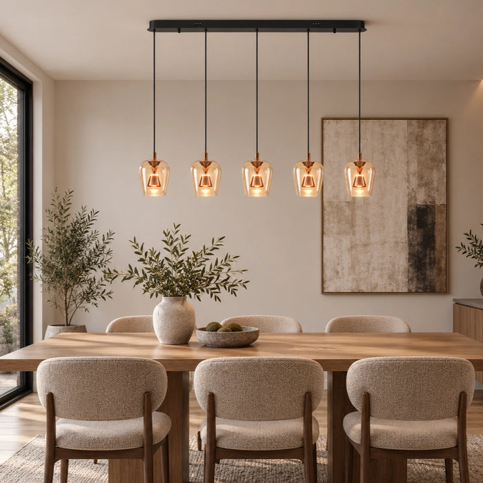 Auric 5 Light Clear Glass Golden Linear LED Pendant Light