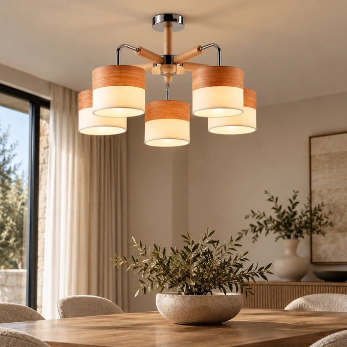 5-Light Wood & Chrome Ceiling Pendant – Cream