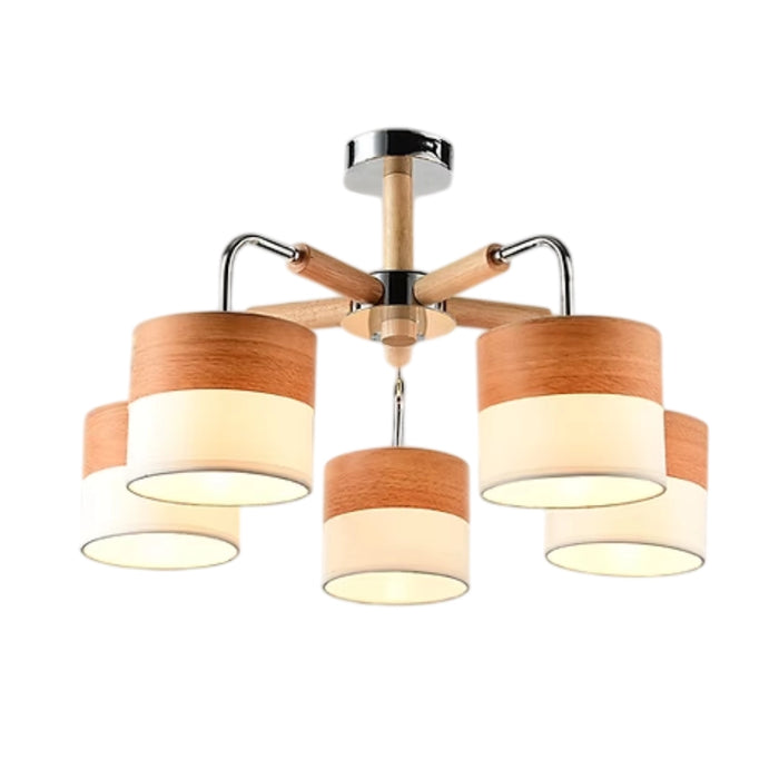 5-Light Wood & Chrome Ceiling Pendant – Cream