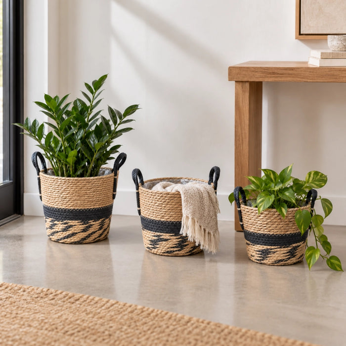 Woven Storage Basket (Set of 3) with Handles – Natural and Black