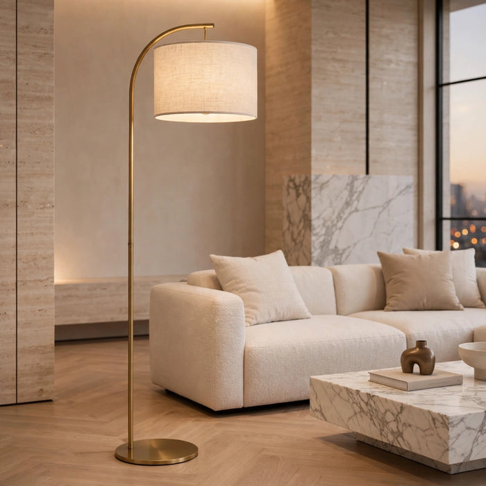 Benny Gold Arch Floor Lamp with Linen Shade