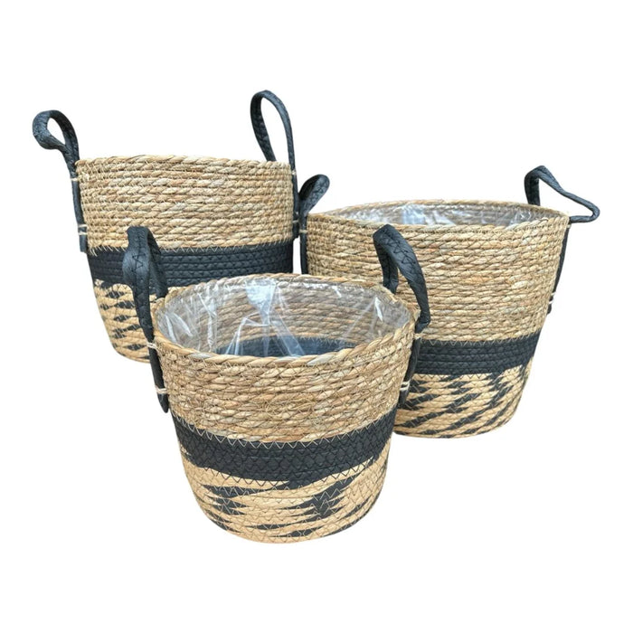 Woven Storage Basket (Set of 3) with Handles – Natural and Black 