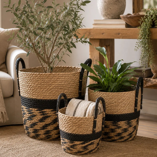 Woven Storage Basket (Set of 3) with Handles – Natural and Black 