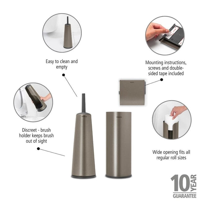 Brabantia Toilet Brush and Holder ReNew Toilet Accessory Set of 3 - Platinum | Soft Beige