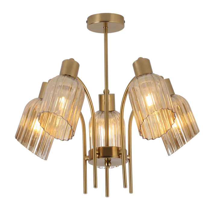 elevenpast Chandelier Gold / 5 Lamp Elara Metal and Fluted Glass Chandelier - Satin Chrome | Gold CH713/5 GOLD 6007226089943