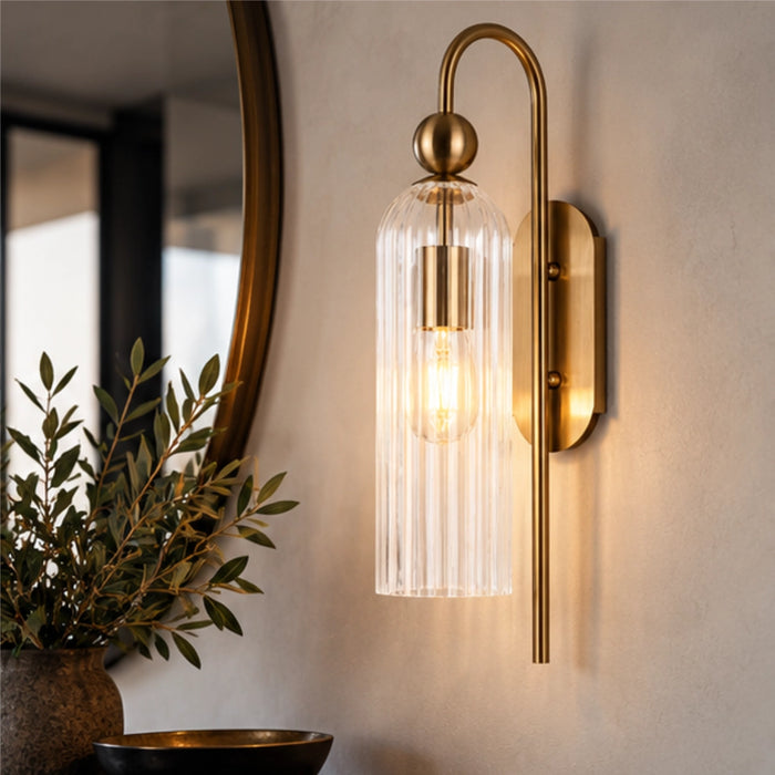 Belle Brass and Ribbeb Glass Wall Light – Clear | Smoke