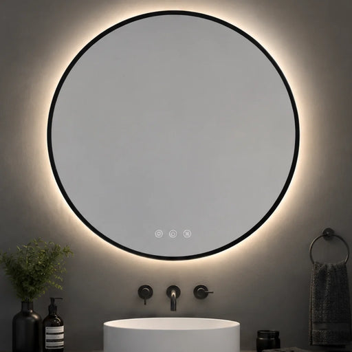 elevenpast Bathroom Mirror Sharon Round 80cm Black Framed Illuminated LED Bathroom Mirror with Defogger E89157CI1834