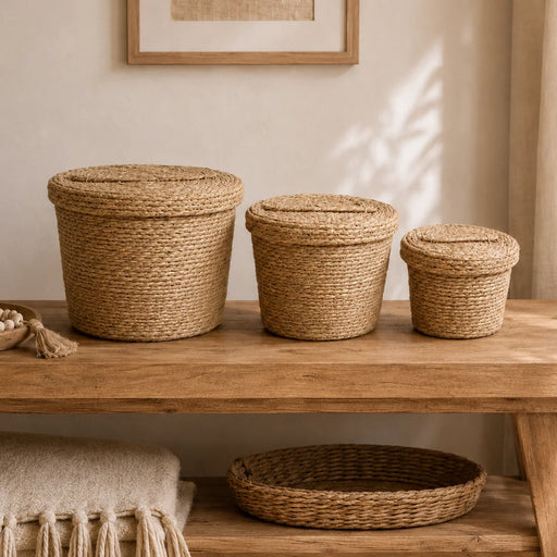 Round Woven Storage Basket Set of 3 with Lids 