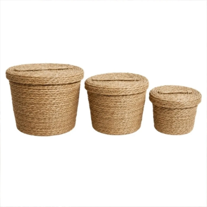 Round Woven Storage Basket Set of 3 with Lids 