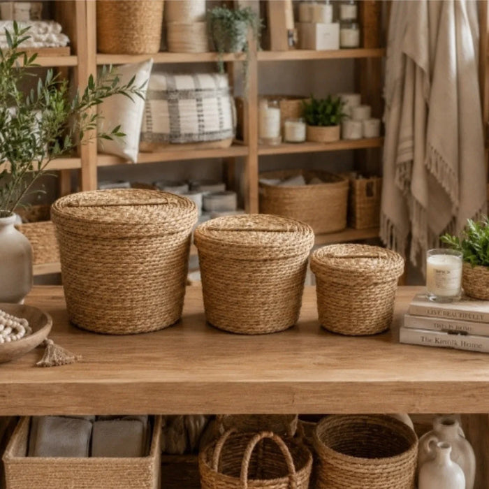 Round Woven Storage Basket Set of 3 with Lids 