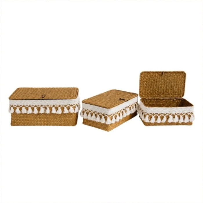 Set of 3 Woven Storage Basket Set with Lid and Tassel Trim 