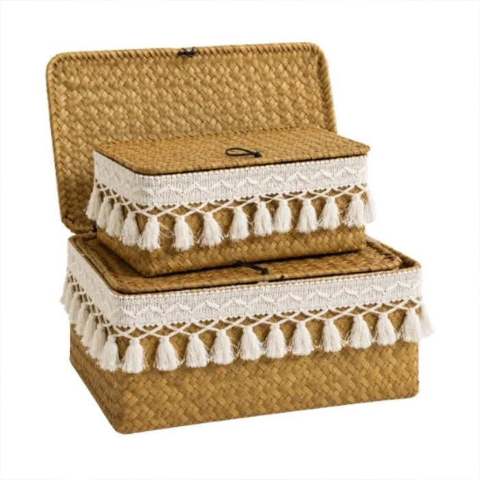 Set of 3 Woven Storage Basket Set with Lid and Tassel Trim 
