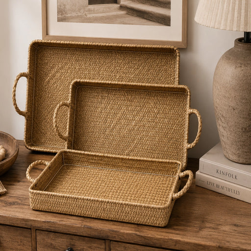 Woven Serving Tray With Handles (Set of 3)– Natural 