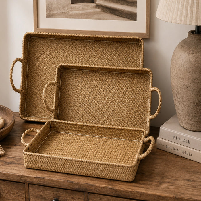 Woven Serving Tray With Handles (Set of 3)– Natural 