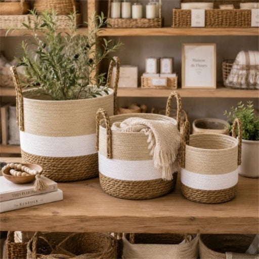 Woven Storage Basket Set (Set of 3) – Natural, White and Brown 