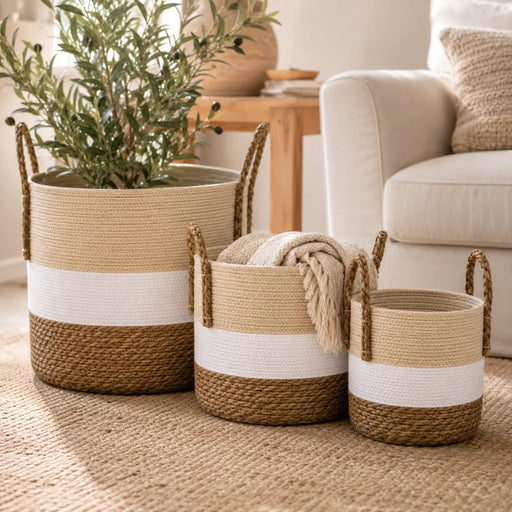 Woven Storage Basket Set (Set of 3) – Natural, White and Brown 