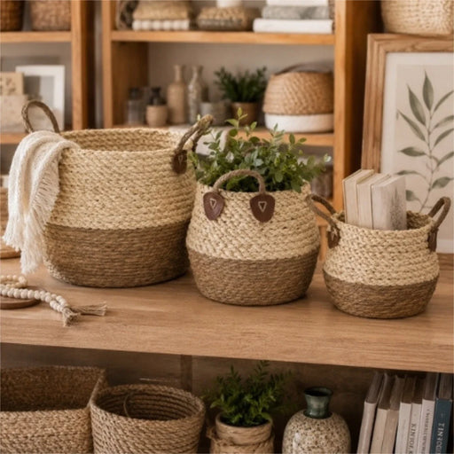 Woven Storage Basket Set of 3 with Handles – Natural Two-Tone 