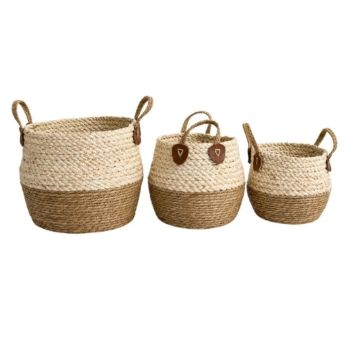 elevenpast woven basket set Woven Storage Basket Set of 3 with Handles – Natural Two-Tone GY201