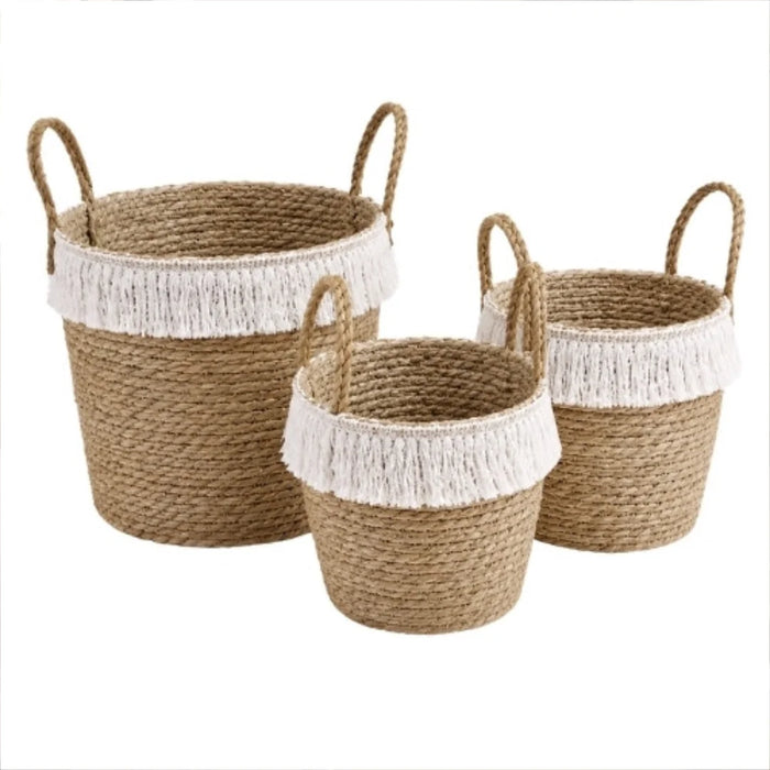 Woven Storage Basket Set of 3 with White Fringe 