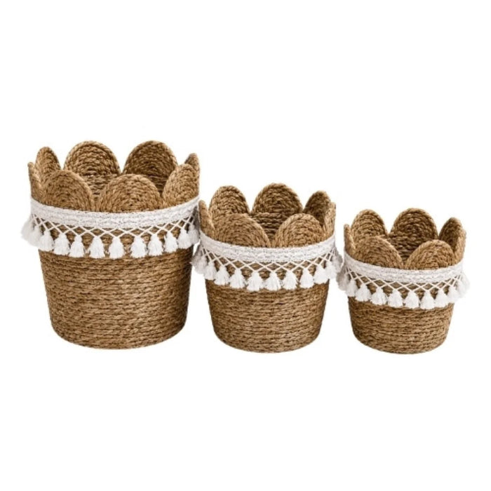 Woven Basket Set of 3 - Scalloped Edge and Tassel Trim 