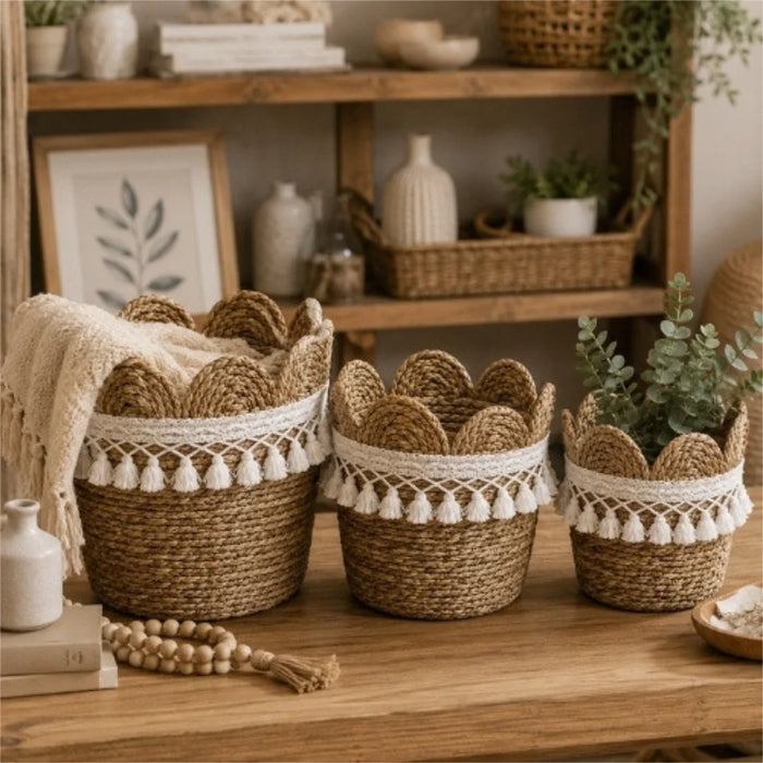 Woven Basket Set of 3 - Scalloped Edge and Tassel Trim 
