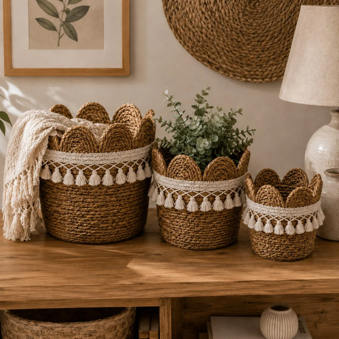 Woven Basket Set of 3 - Scalloped Edge and Tassel Trim 