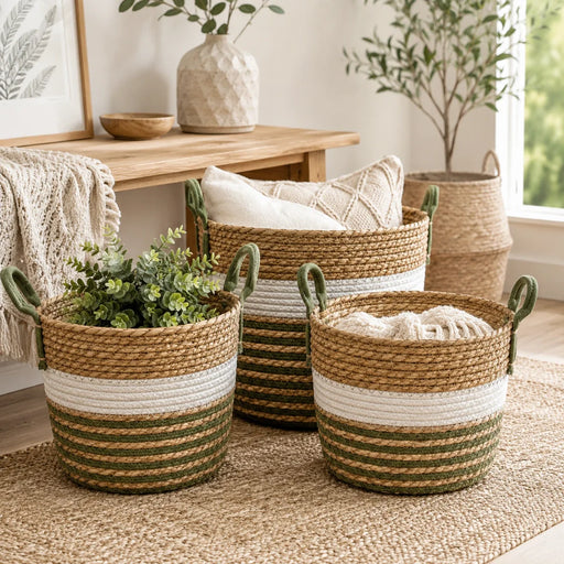 Woven Basket Set of 3 – Olive and White Stripes 