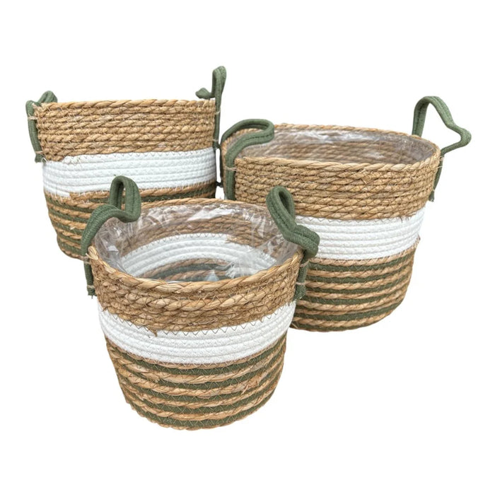 Woven Basket Set of 3 – Olive and White Stripes 