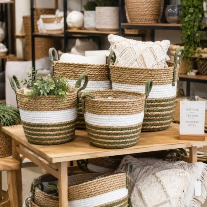 Woven Basket Set of 3 – Olive and White Stripes 