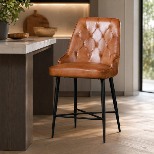 elevenpast Kitchen & Dining Room Chairs Tan Buffalo Leather Counter Chair with Black Metal Legs KV169C