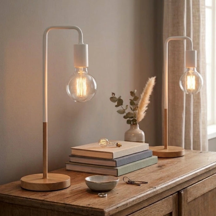 White and Wood Minimalist Desk Lamp – Set of 2