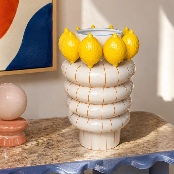 White and Yellow Ceramic Lemon Vase