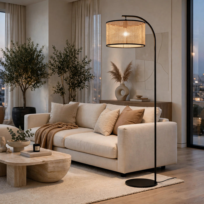 Benny Black Arch Floor Lamp with Dutch Woven Shade