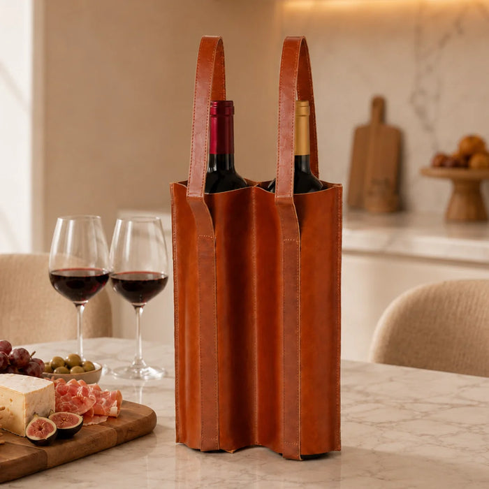 elevenpast Leather Wine carrier Double Leather Wine Bottle Carrier in Tan MBEWINE07DT