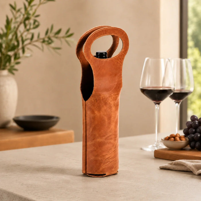 elevenpast Leather Wine carrier Tan Leather Single Wine Bottle Carrier with Handle MBEWINE10ST