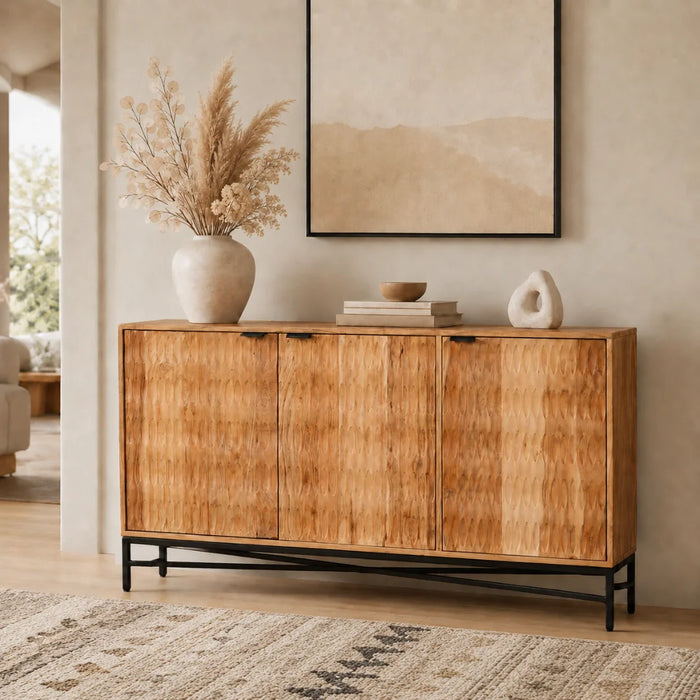 elevenpast wooden sideboard Acacia Wood 3-Door Sideboard with Black Iron Frame NE059