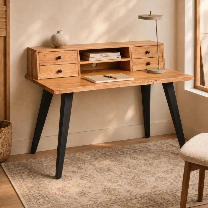 elevenpast desk Acacia Wood Study Desk with Drawers and Black Steel Legs NE517
