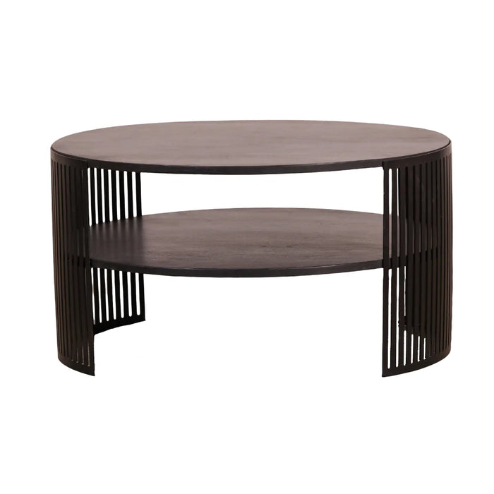 elevenpast Coffee Table Black Acacia Round Coffee Table with Steel Slat Frame NE752