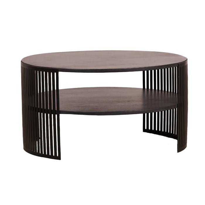 elevenpast Coffee Table Black Acacia Round Coffee Table with Steel Slat Frame NE752