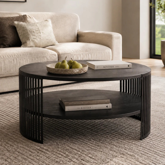 elevenpast Coffee Table Black Acacia Round Coffee Table with Steel Slat Frame NE752