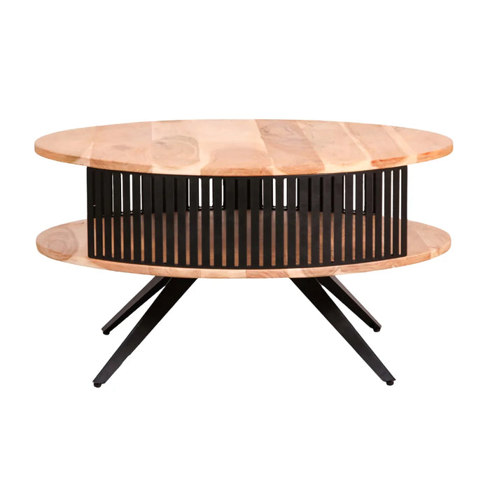 elevenpast Coffee Table Acacia Wood and Black Steel Round Coffee Table with Open Shelf NE753