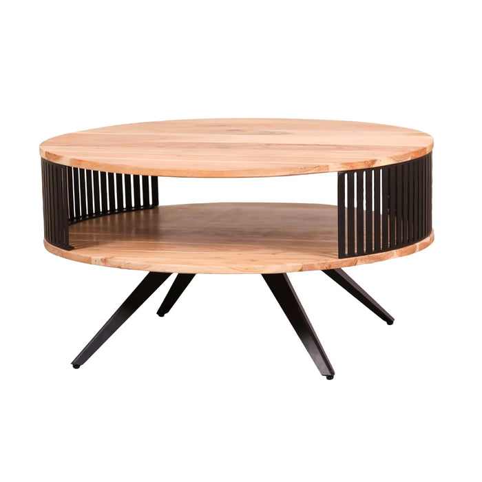 elevenpast Coffee Table Acacia Wood and Black Steel Round Coffee Table with Open Shelf NE753