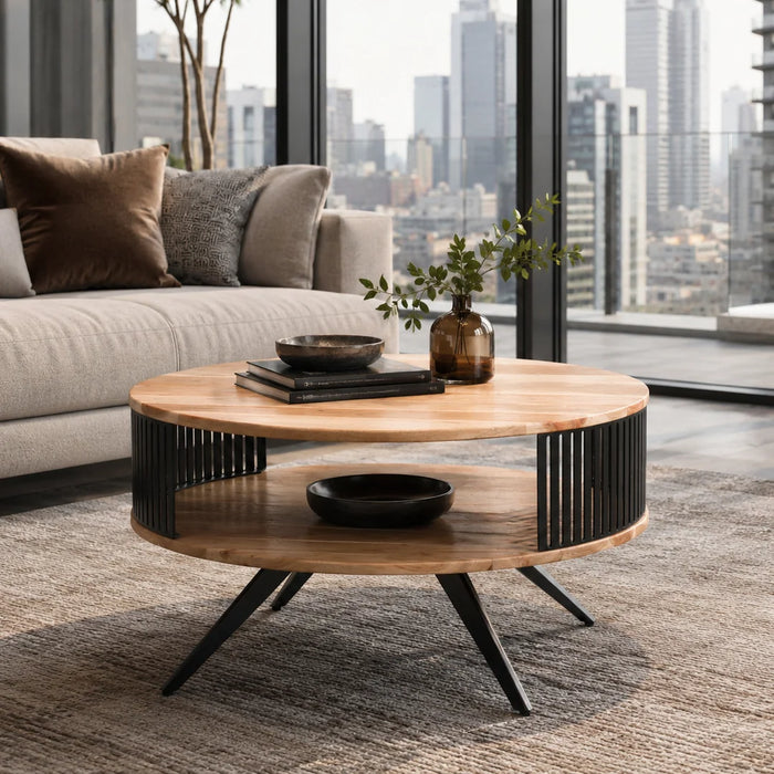 elevenpast Coffee Table Acacia Wood and Black Steel Round Coffee Table with Open Shelf NE753