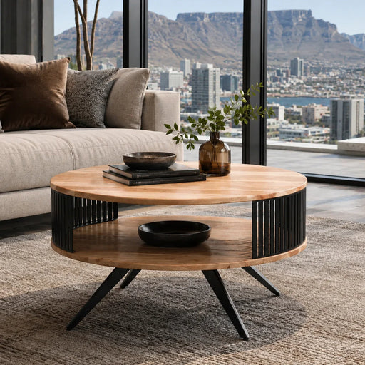 elevenpast Coffee Table Acacia Wood and Black Steel Round Coffee Table with Open Shelf NE753