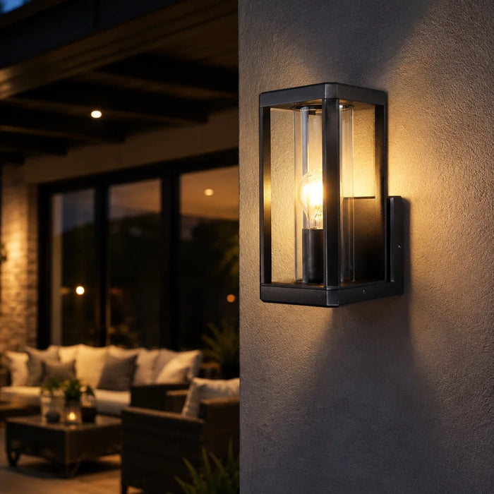 Metal Square Outdoor Wall Lantern – Black with Clear Glass 