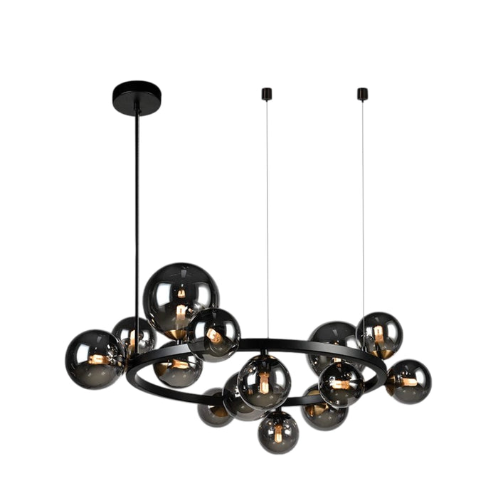 Modern multi-light chandelier with a matte black circular ring and multiple smoked glass globes, suspended from a black ceiling canopy against a white background.