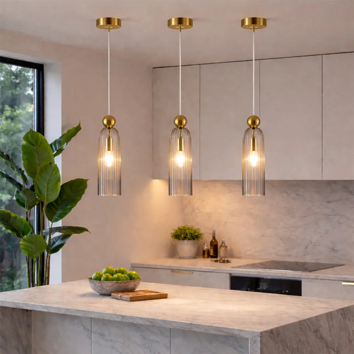 elevenpast Pendant Lights Gold Ribbed Glass Pendant Light – Smokey Grey E14 Hanging Ceiling Light P1338 6009551810742