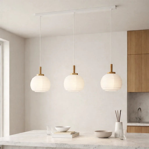 elevenpast pendant light 3 Light White Paper Pendant with Wooden Bar – Modern Linear Dining Room Ceiling Light P1355 9002759440664