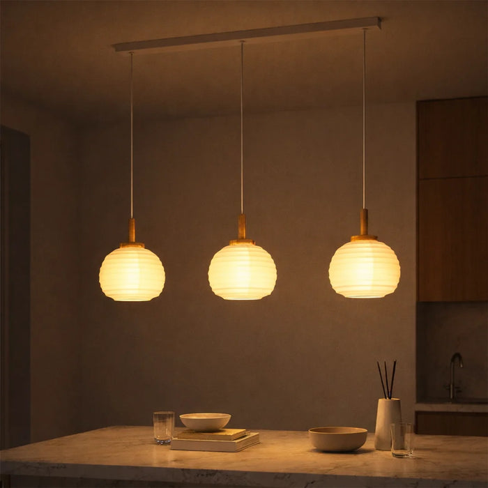 elevenpast pendant light 3 Light White Paper Pendant with Wooden Bar – Modern Linear Dining Room Ceiling Light P1355 9002759440664